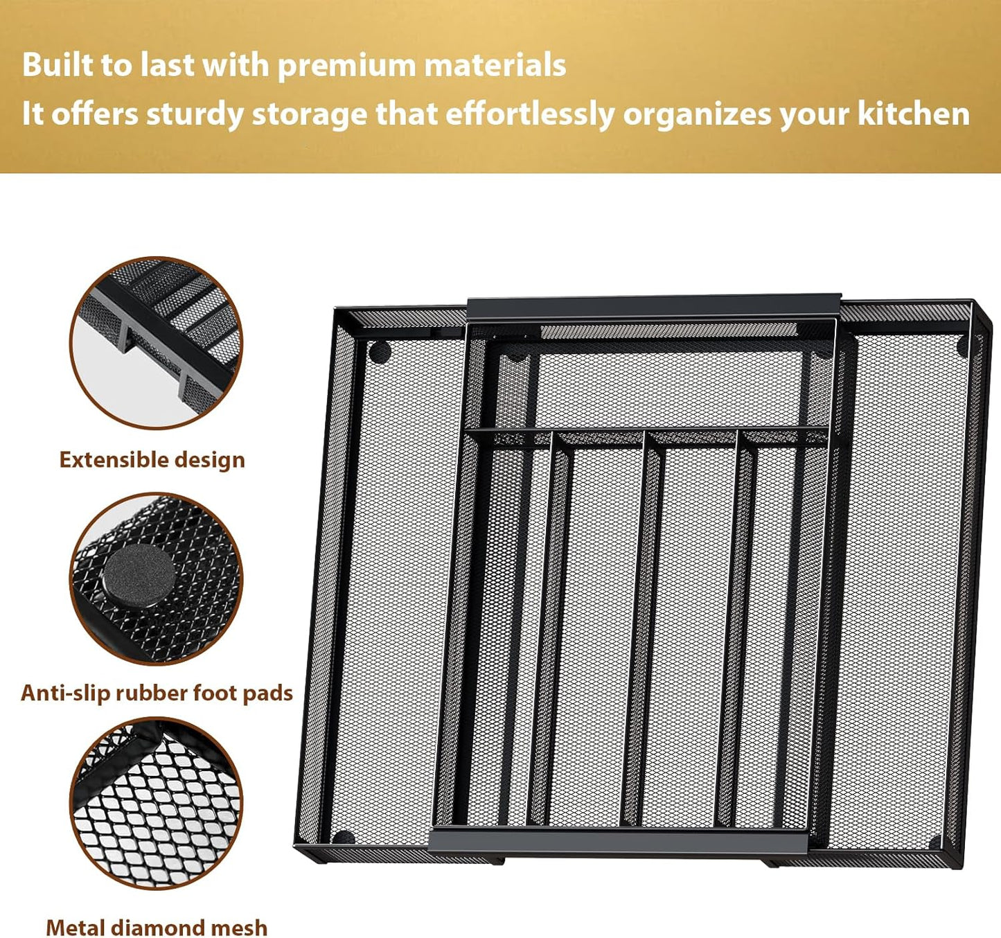 Sedegn mesh silverware tray for drawer: 6 Compartments for Easy Sorting | Sized at 11.3" x 16" for kitchen drawers with non-slip feet, metal mesh design for easy cleaning, organizing flatware Black