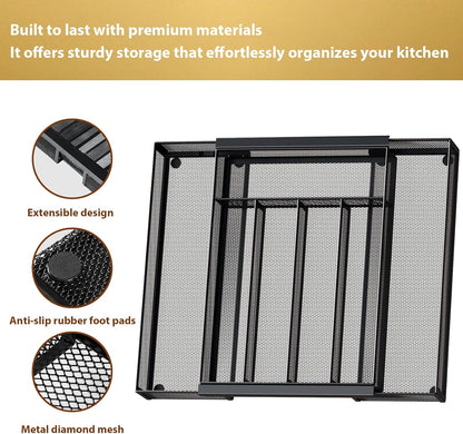 Sedegn mesh silverware tray for drawer: 6 Compartments for Easy Sorting | Sized at 11.3" x 16" for kitchen drawers with non-slip feet, metal mesh design for easy cleaning, organizing flatware Black