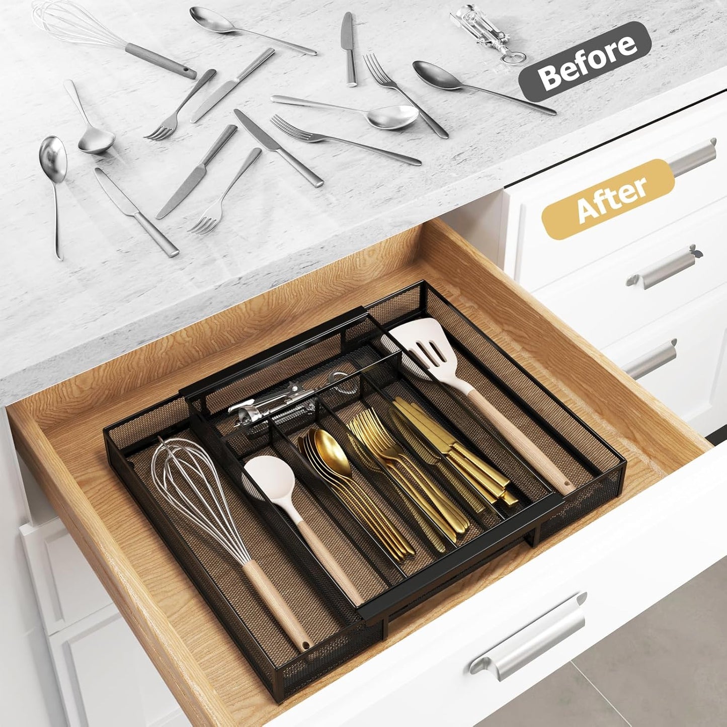 Sedegn mesh silverware tray for drawer: 6 Compartments for Easy Sorting | Sized at 11.3" x 16" for kitchen drawers with non-slip feet, metal mesh design for easy cleaning, organizing flatware Black