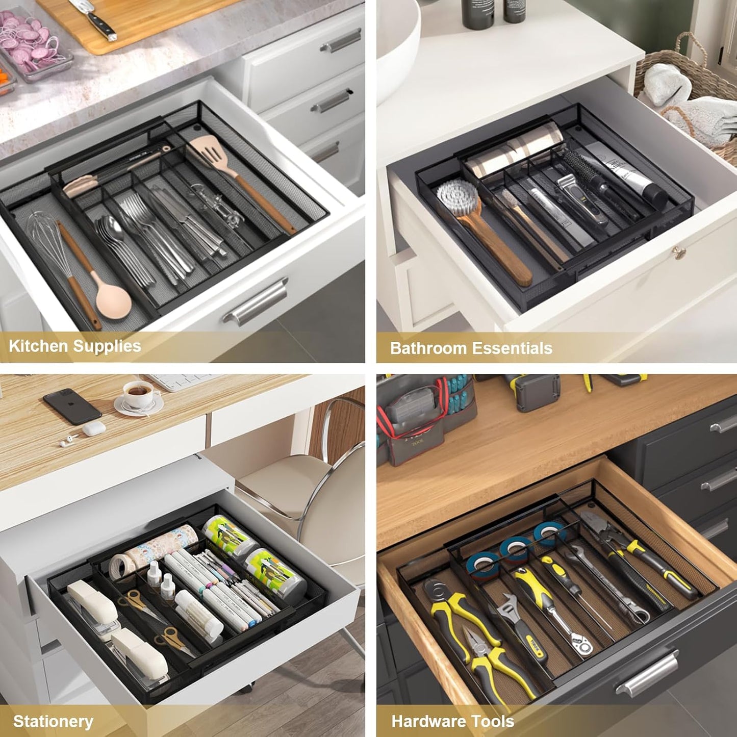 Sedegn mesh silverware tray for drawer: 6 Compartments for Easy Sorting | Sized at 11.3" x 16" for kitchen drawers with non-slip feet, metal mesh design for easy cleaning, organizing flatware Black