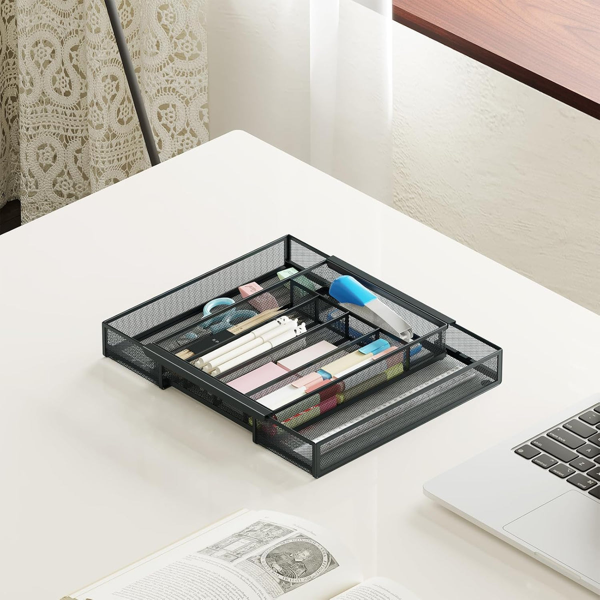 Sedegn mesh silverware tray for drawer: 6 Compartments for Easy Sorting | Sized at 11.3" x 16" for kitchen drawers with non-slip feet, metal mesh design for easy cleaning, organizing flatware Black