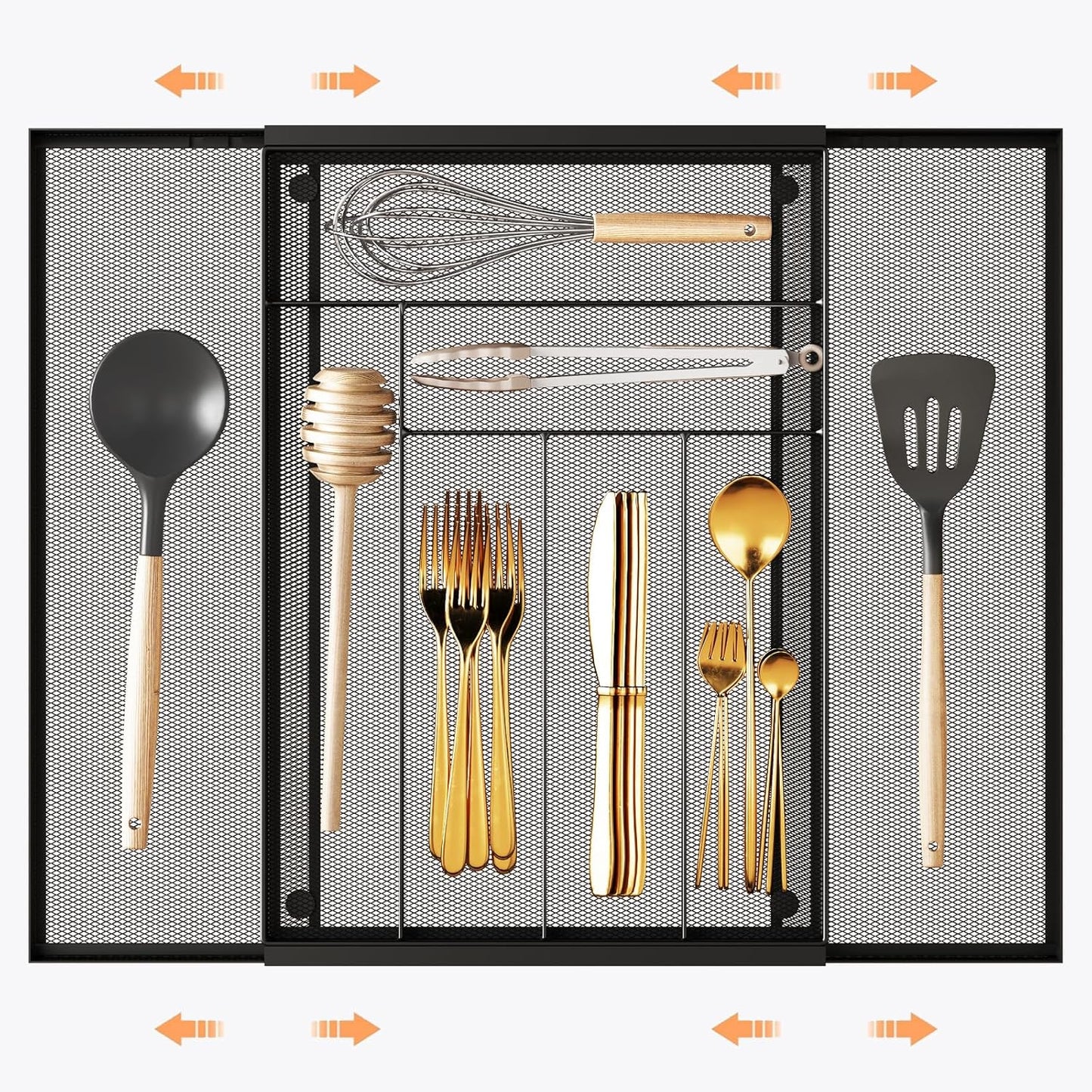 Sedegn mesh silverware tray for drawer: 6 Compartments for Easy Sorting | Sized at 11.3" x 16" for kitchen drawers with non-slip feet, metal mesh design for easy cleaning, organizing flatware Black