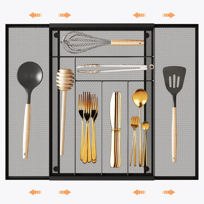 Sedegn mesh silverware tray for drawer: 6 Compartments for Easy Sorting | Sized at 11.3" x 16" for kitchen drawers with non-slip feet, metal mesh design for easy cleaning, organizing flatware Black