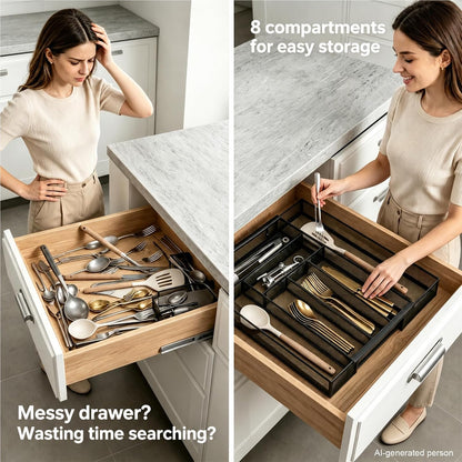 Sedegn mesh silverware tray for drawer: 6 Compartments for Easy Sorting | Sized at 11.3" x 16" for kitchen drawers with non-slip feet, metal mesh design for easy cleaning, organizing flatware Black