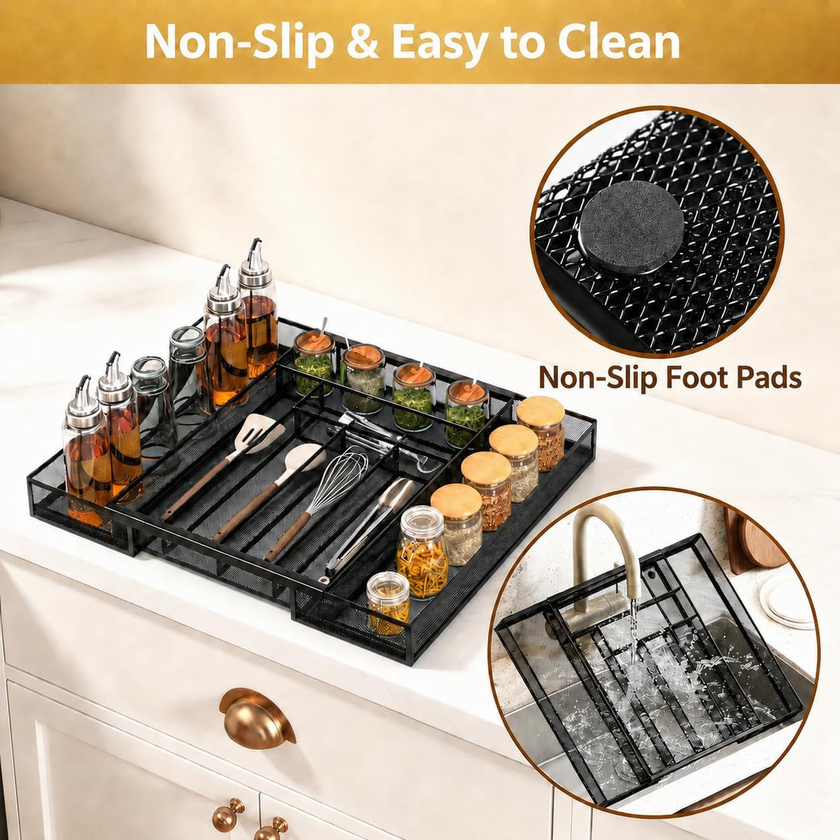 Sedegn mesh silverware tray for drawer: 6 Compartments for Easy Sorting | Sized at 11.3" x 16" for kitchen drawers with non-slip feet, metal mesh design for easy cleaning, organizing flatware Black