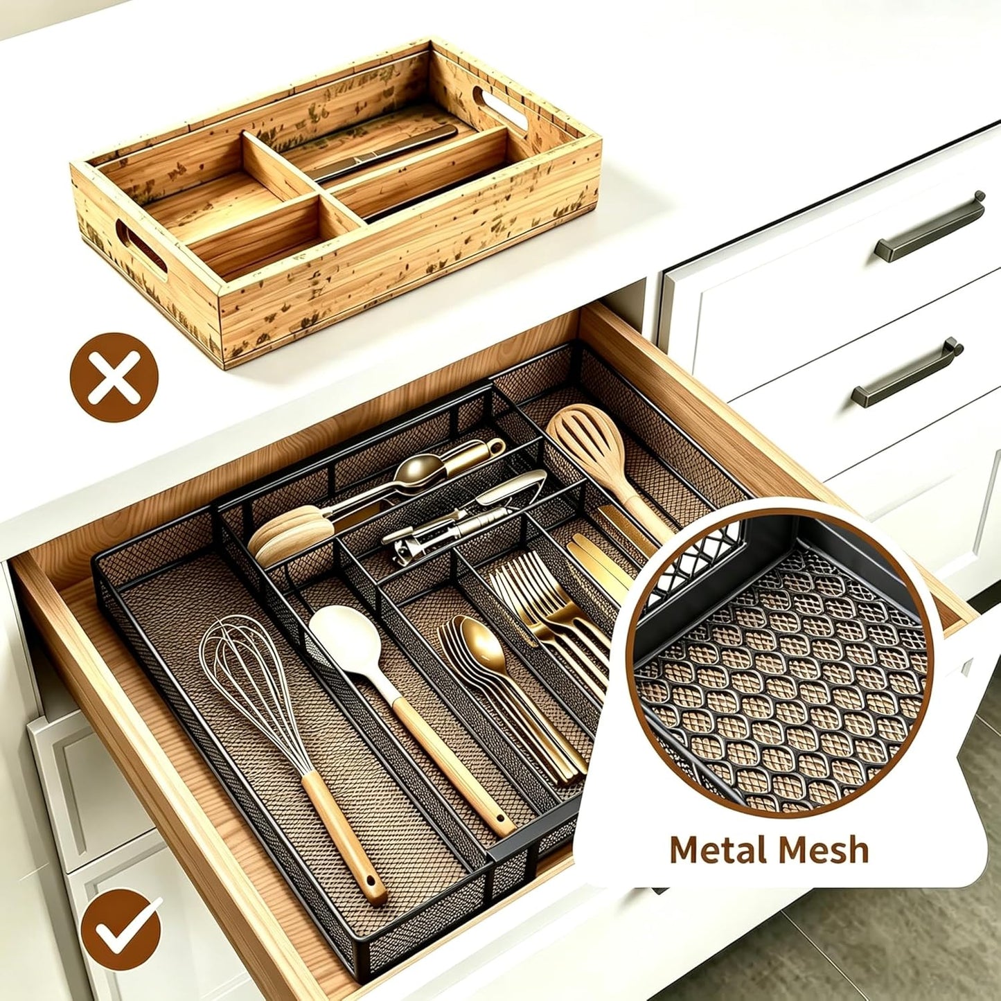Sedegn mesh silverware tray for drawer: 6 Compartments for Easy Sorting | Sized at 11.3" x 16" for kitchen drawers with non-slip feet, metal mesh design for easy cleaning, organizing flatware Black