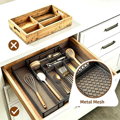Sedegn mesh silverware tray for drawer: 6 Compartments for Easy Sorting | Sized at 11.3" x 16" for kitchen drawers with non-slip feet, metal mesh design for easy cleaning, organizing flatware Black