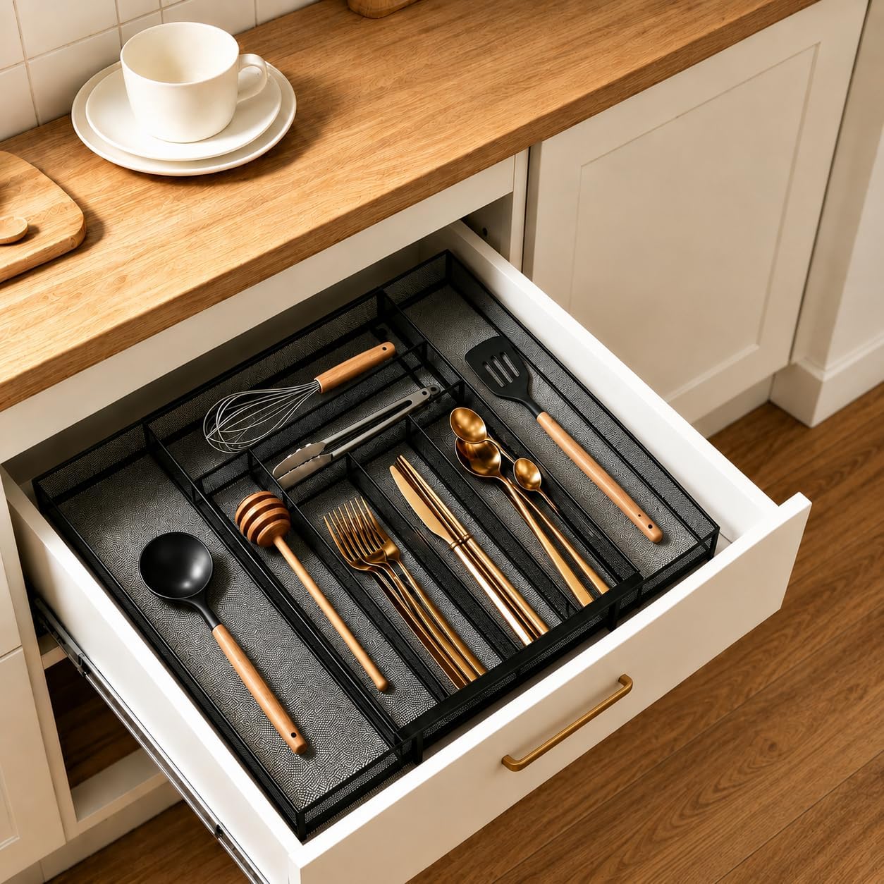 Sedegn mesh silverware tray for drawer: 6 Compartments for Easy Sorting | Sized at 11.3" x 16" for kitchen drawers with non-slip feet, metal mesh design for easy cleaning, organizing flatware Black