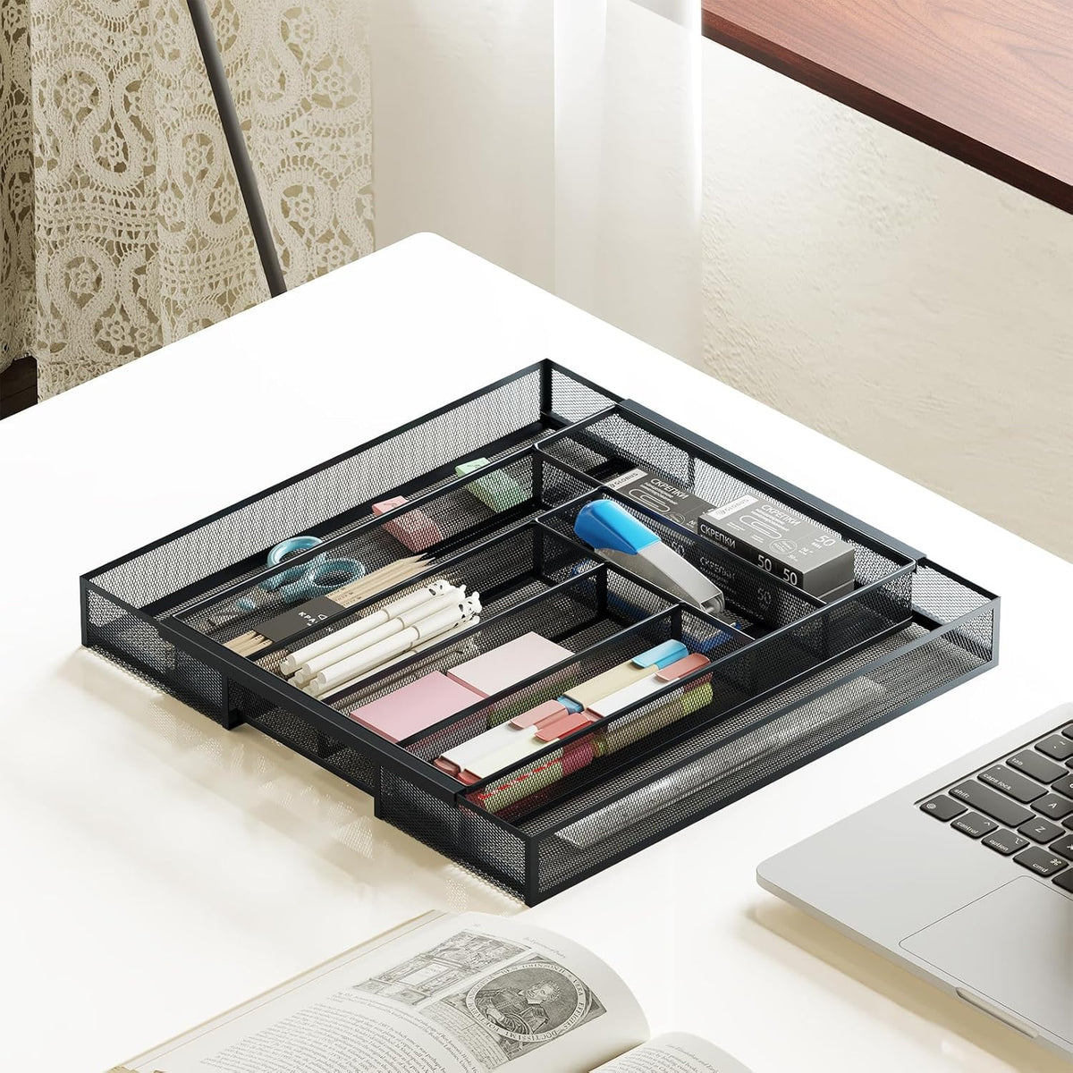 Sedegn mesh silverware tray for drawer: 6 Compartments for Easy Sorting | Sized at 11.3" x 16" for kitchen drawers with non-slip feet, metal mesh design for easy cleaning, organizing flatware Black