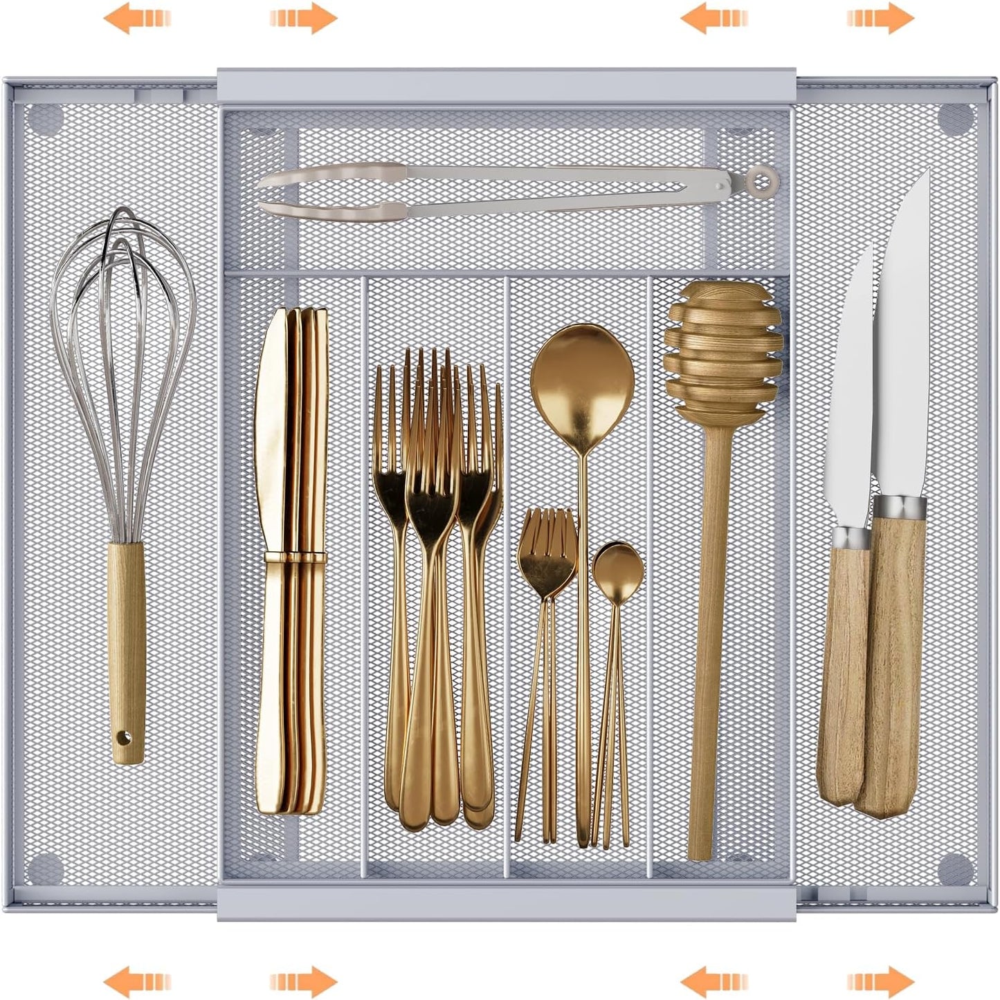 Sedegn mesh silverware tray for drawer: 6 Compartments for Easy Sorting | Sized at 11.3" x 16" for kitchen drawers with non-slip feet, metal mesh design for easy cleaning, organizing flatware Black