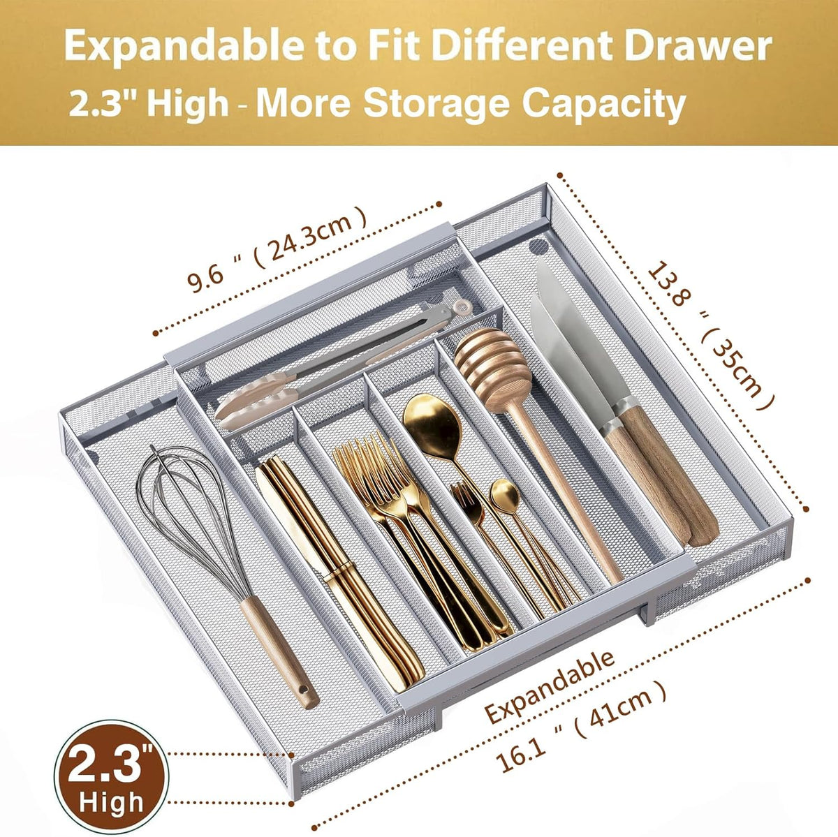 Sedegn mesh silverware tray for drawer: 6 Compartments for Easy Sorting | Sized at 11.3" x 16" for kitchen drawers with non-slip feet, metal mesh design for easy cleaning, organizing flatware Black
