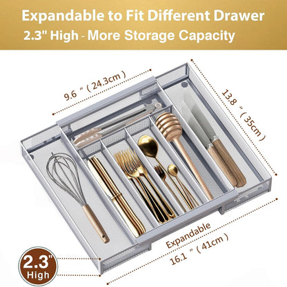 Sedegn mesh silverware tray for drawer: 6 Compartments for Easy Sorting | Sized at 11.3" x 16" for kitchen drawers with non-slip feet, metal mesh design for easy cleaning, organizing flatware Black