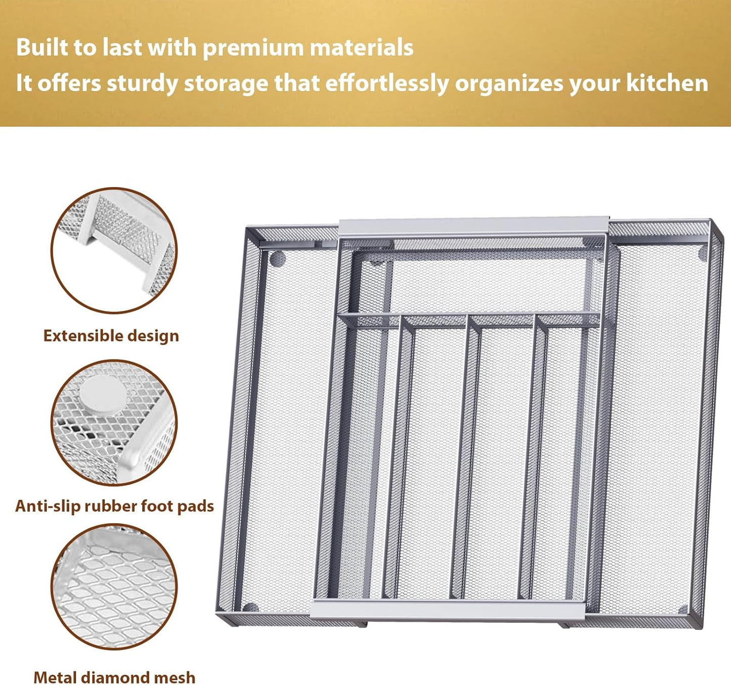 Sedegn mesh silverware tray for drawer: 6 Compartments for Easy Sorting | Sized at 11.3" x 16" for kitchen drawers with non-slip feet, metal mesh design for easy cleaning, organizing flatware Black