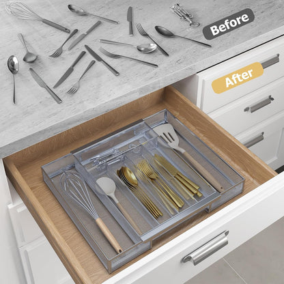 Sedegn mesh silverware tray for drawer: 6 Compartments for Easy Sorting | Sized at 11.3" x 16" for kitchen drawers with non-slip feet, metal mesh design for easy cleaning, organizing flatware Black