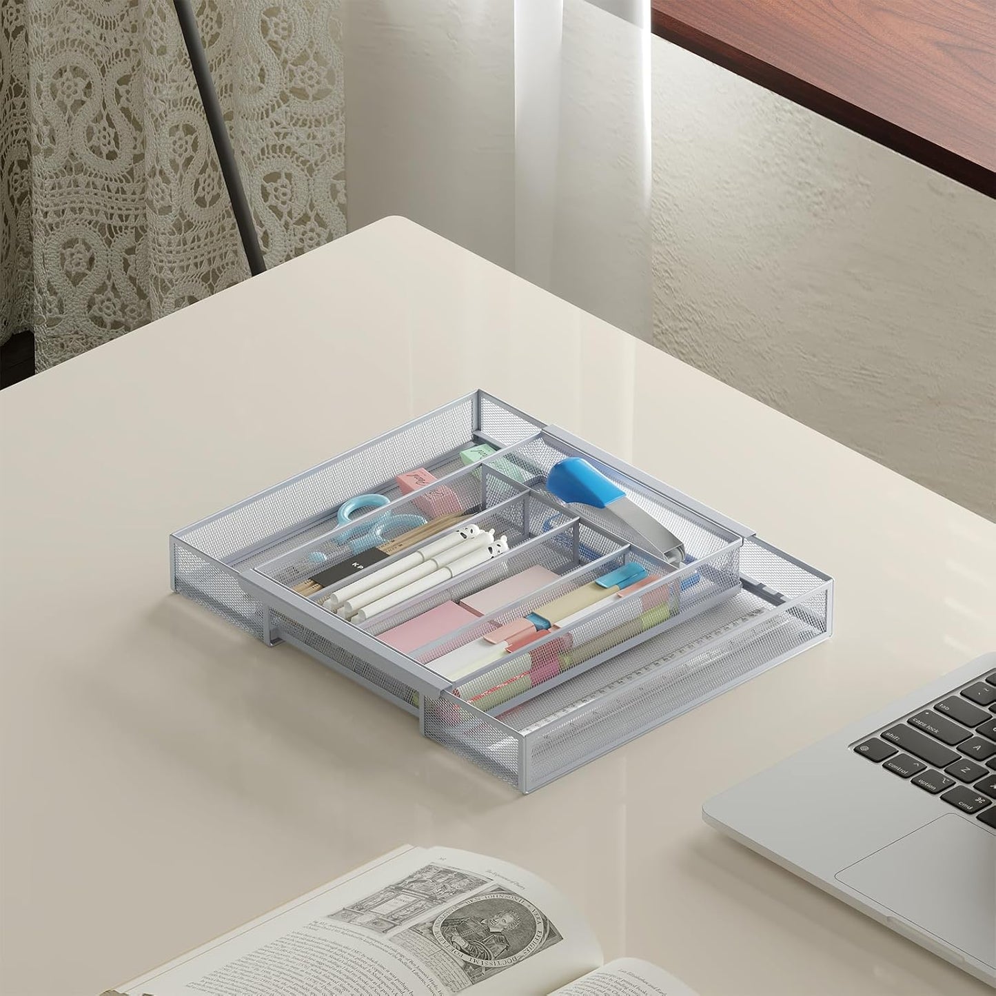 Sedegn mesh silverware tray for drawer: 6 Compartments for Easy Sorting | Sized at 11.3" x 16" for kitchen drawers with non-slip feet, metal mesh design for easy cleaning, organizing flatware Black