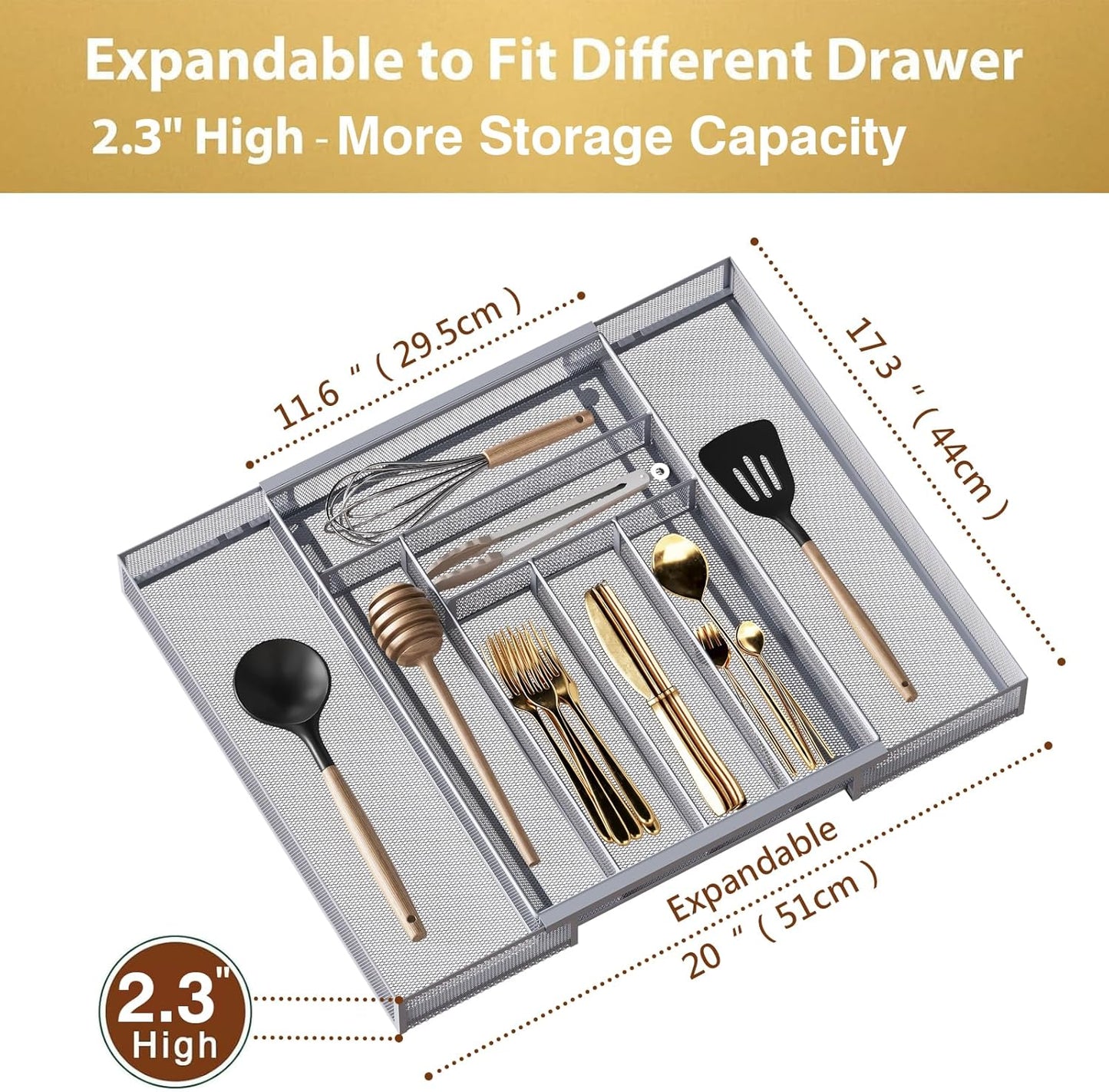 Sedegn mesh silverware tray for drawer: 6 Compartments for Easy Sorting | Sized at 11.3" x 16" for kitchen drawers with non-slip feet, metal mesh design for easy cleaning, organizing flatware Black