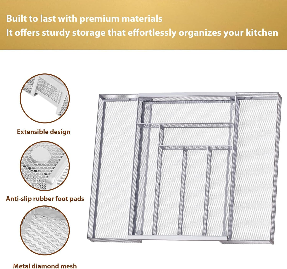 Sedegn mesh silverware tray for drawer: 6 Compartments for Easy Sorting | Sized at 11.3" x 16" for kitchen drawers with non-slip feet, metal mesh design for easy cleaning, organizing flatware Black