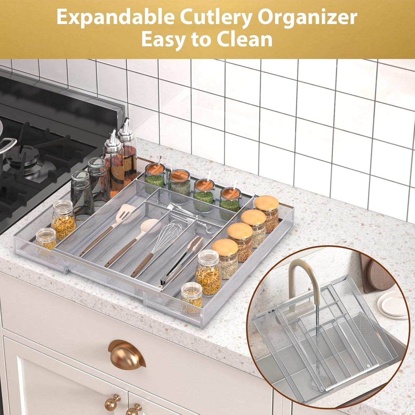 Sedegn mesh silverware tray for drawer: 6 Compartments for Easy Sorting | Sized at 11.3" x 16" for kitchen drawers with non-slip feet, metal mesh design for easy cleaning, organizing flatware Black