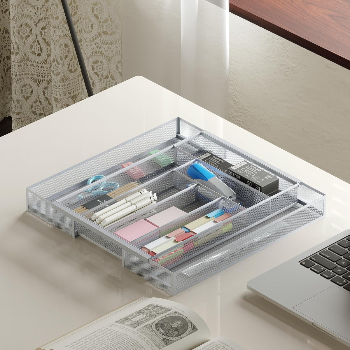 Sedegn mesh silverware tray for drawer: 6 Compartments for Easy Sorting | Sized at 11.3" x 16" for kitchen drawers with non-slip feet, metal mesh design for easy cleaning, organizing flatware Black