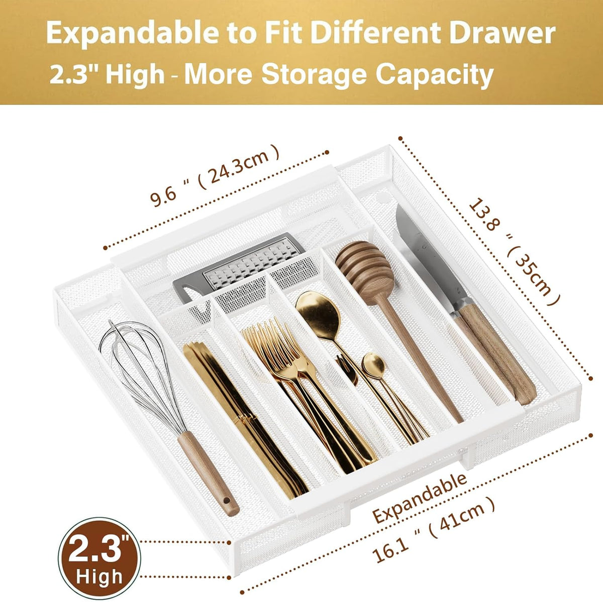 Sedegn mesh silverware tray for drawer: 6 Compartments for Easy Sorting | Sized at 11.3" x 16" for kitchen drawers with non-slip feet, metal mesh design for easy cleaning, organizing flatware Black