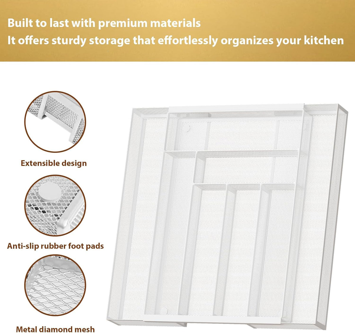 Sedegn mesh silverware tray for drawer: 6 Compartments for Easy Sorting | Sized at 11.3" x 16" for kitchen drawers with non-slip feet, metal mesh design for easy cleaning, organizing flatware Black