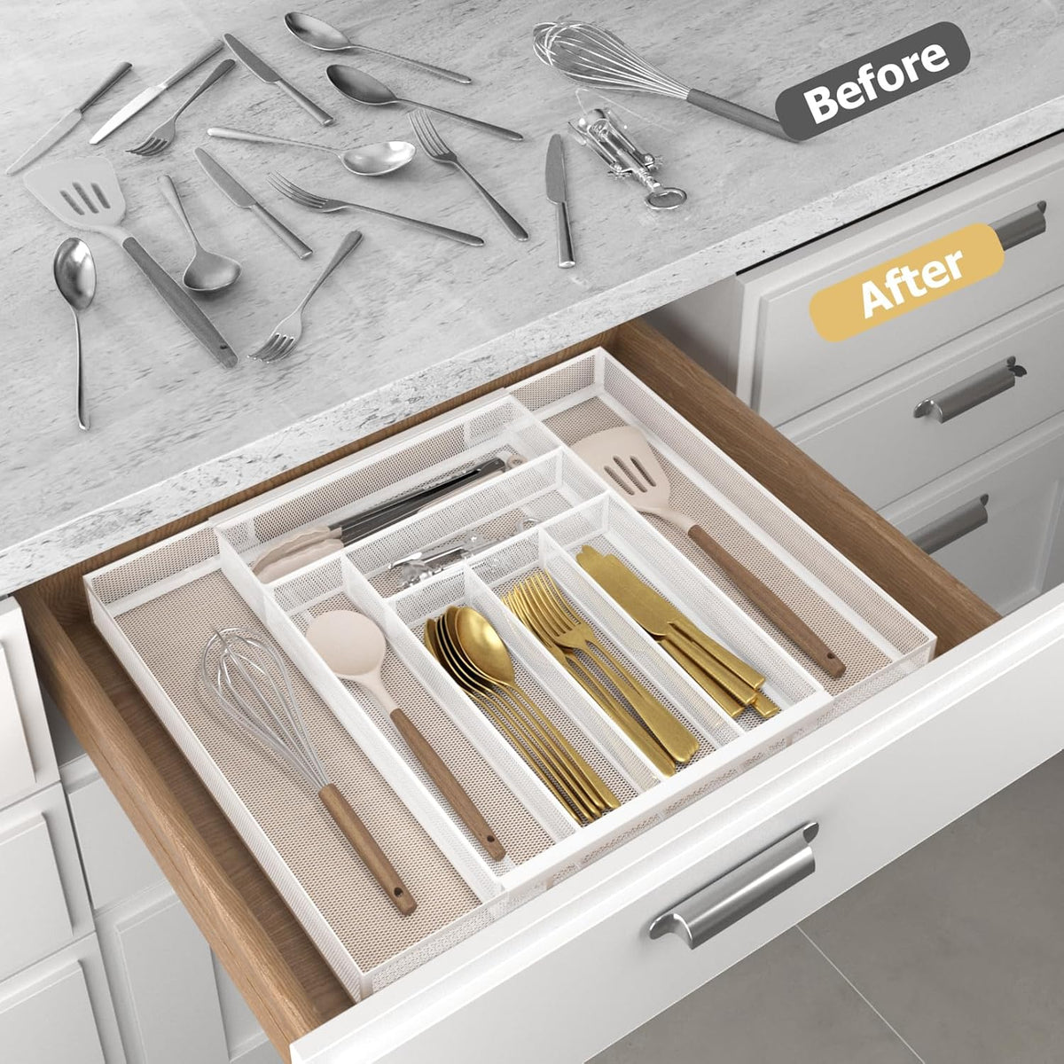 Sedegn mesh silverware tray for drawer: 6 Compartments for Easy Sorting | Sized at 11.3" x 16" for kitchen drawers with non-slip feet, metal mesh design for easy cleaning, organizing flatware Black