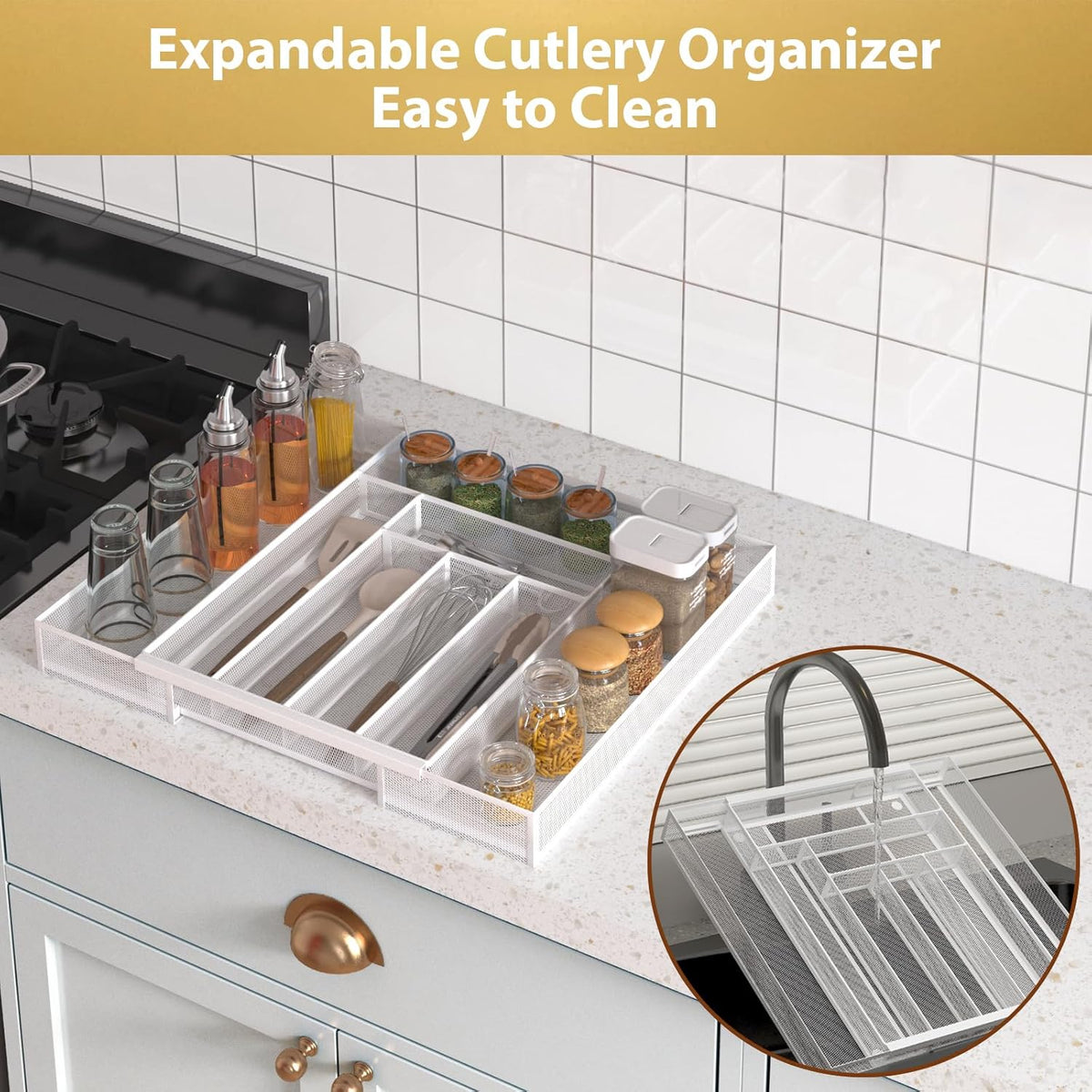Sedegn mesh silverware tray for drawer: 6 Compartments for Easy Sorting | Sized at 11.3" x 16" for kitchen drawers with non-slip feet, metal mesh design for easy cleaning, organizing flatware Black