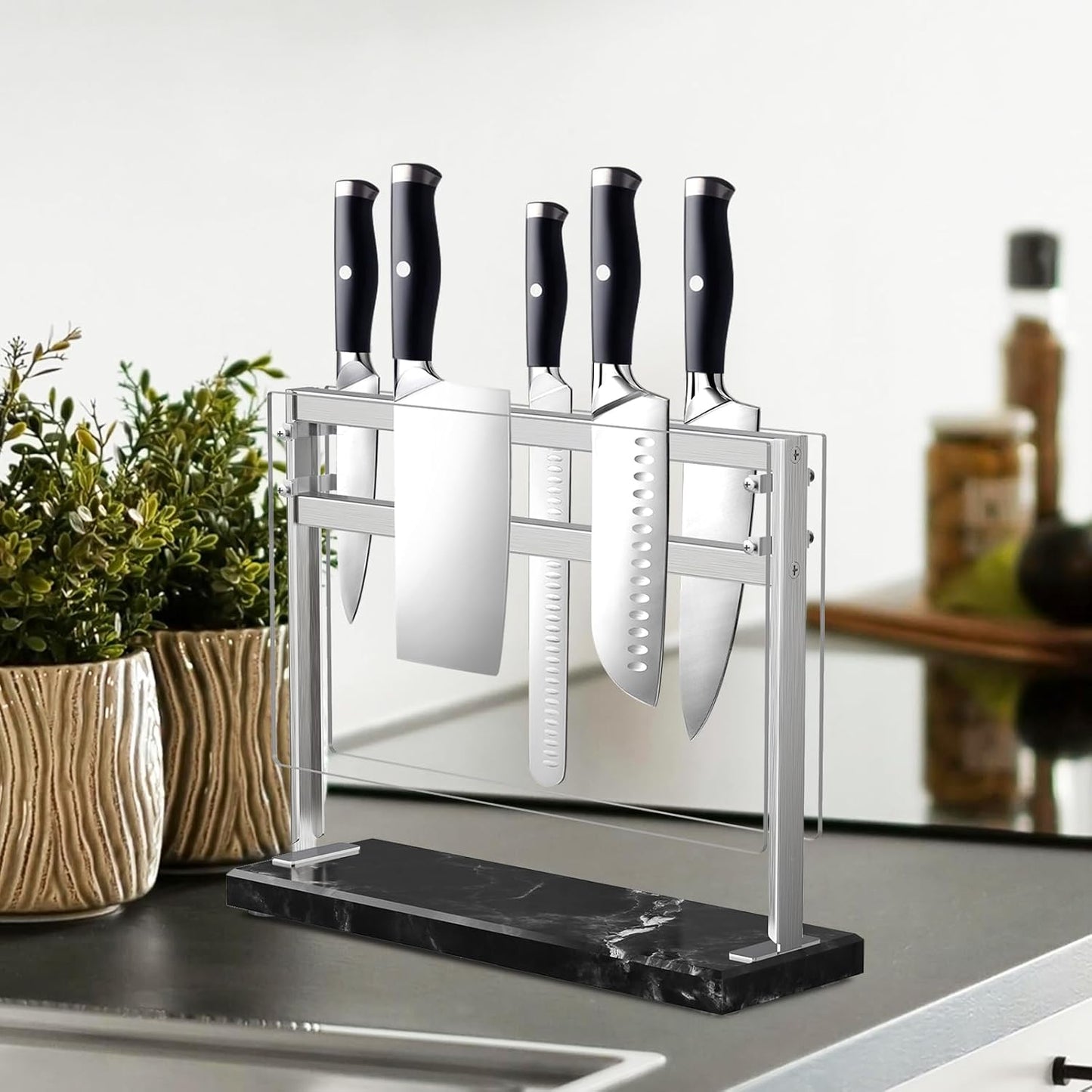 Magnetic Knife Block with Acrylic Shield - Marble Based Double Side Magnetic Knife Stand - Kitchen Magnetic Knife Holder - Knife Storage - Knife Holders for Counter Top - Black