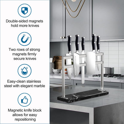Magnetic Knife Block with Acrylic Shield - Marble Based Double Side Magnetic Knife Stand - Kitchen Magnetic Knife Holder - Knife Storage - Knife Holders for Counter Top - Black