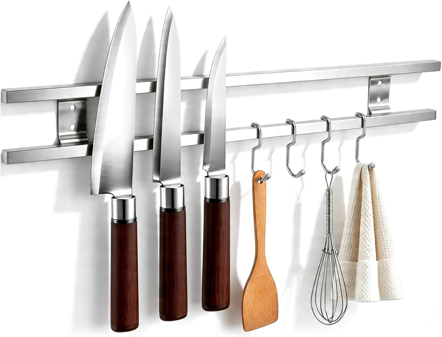 17 Inch Magnetic Knife Holder for Wall with 4 Hooks, No Drilling Knife Magnetic Strip Wall Mounted Dual Rod Strong Magnet Bar for Partry Garage Tool Rack, Knives Holder for RV Kitchen Organization