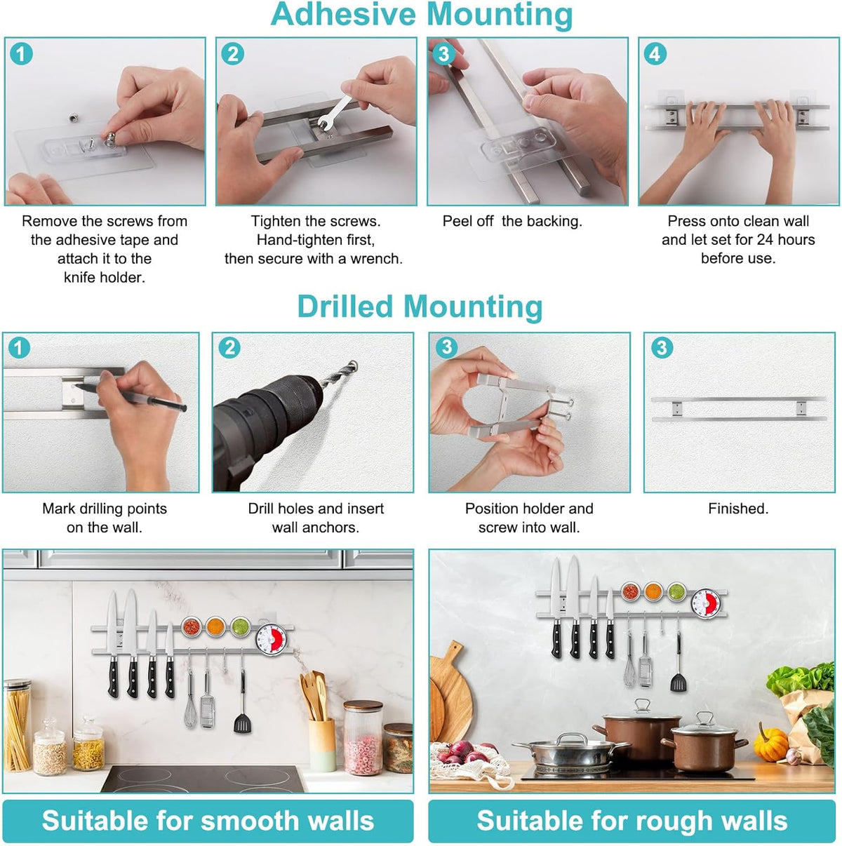 17 Inch Magnetic Knife Holder for Wall with 4 Hooks, No Drilling Knife Magnetic Strip Wall Mounted Dual Rod Strong Magnet Bar for Partry Garage Tool Rack, Knives Holder for RV Kitchen Organization