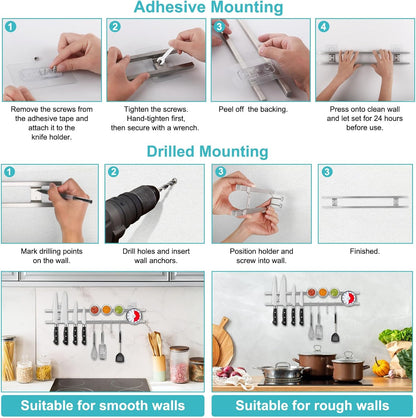 17 Inch Magnetic Knife Holder for Wall with 4 Hooks, No Drilling Knife Magnetic Strip Wall Mounted Dual Rod Strong Magnet Bar for Partry Garage Tool Rack, Knives Holder for RV Kitchen Organization