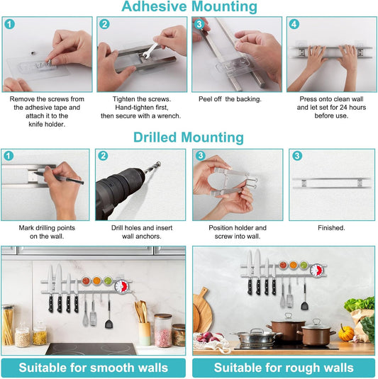 17 Inch Magnetic Knife Holder for Wall with 4 Hooks, No Drilling Knife Magnetic Strip Wall Mounted Dual Rod Strong Magnet Bar for Partry Garage Tool Rack, Knives Holder for RV Kitchen Organization