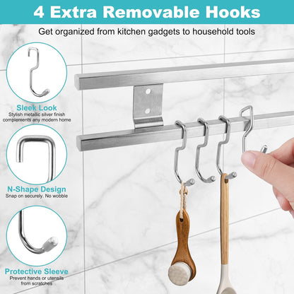 17 Inch Magnetic Knife Holder for Wall with 4 Hooks, No Drilling Knife Magnetic Strip Wall Mounted Dual Rod Strong Magnet Bar for Partry Garage Tool Rack, Knives Holder for RV Kitchen Organization