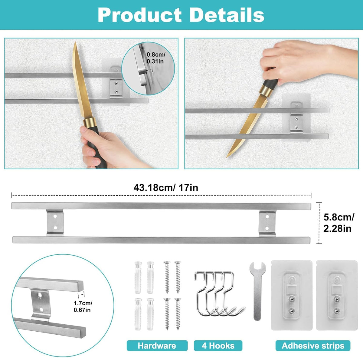 17 Inch Magnetic Knife Holder for Wall with 4 Hooks, No Drilling Knife Magnetic Strip Wall Mounted Dual Rod Strong Magnet Bar for Partry Garage Tool Rack, Knives Holder for RV Kitchen Organization