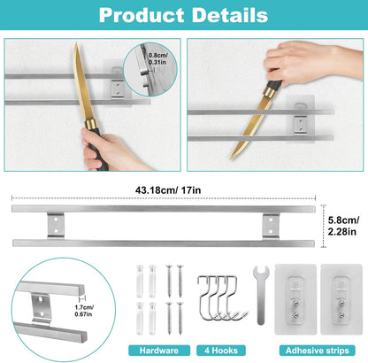 17 Inch Magnetic Knife Holder for Wall with 4 Hooks, No Drilling Knife Magnetic Strip Wall Mounted Dual Rod Strong Magnet Bar for Partry Garage Tool Rack, Knives Holder for RV Kitchen Organization