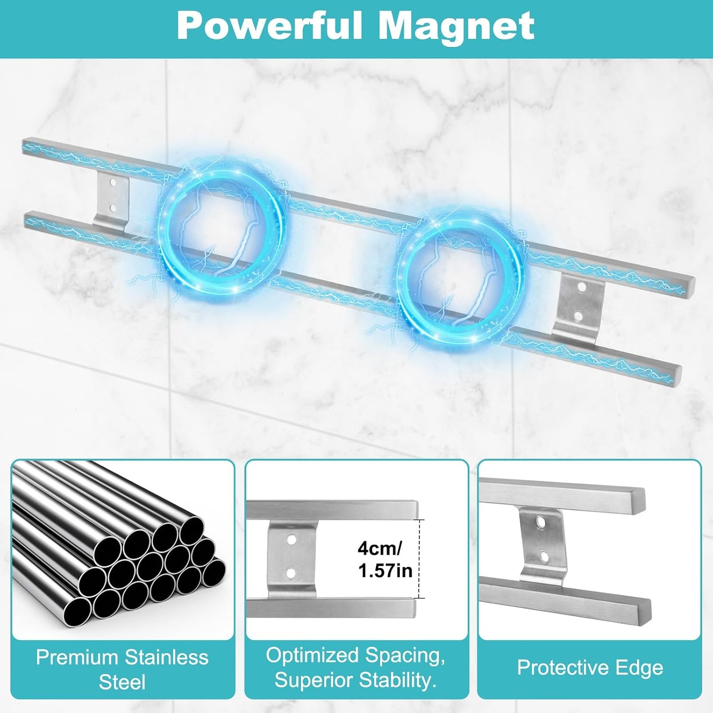17 Inch Magnetic Knife Holder for Wall with 4 Hooks, No Drilling Knife Magnetic Strip Wall Mounted Dual Rod Strong Magnet Bar for Partry Garage Tool Rack, Knives Holder for RV Kitchen Organization
