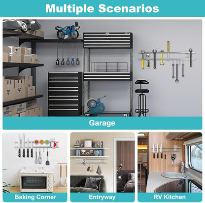 17 Inch Magnetic Knife Holder for Wall with 4 Hooks, No Drilling Knife Magnetic Strip Wall Mounted Dual Rod Strong Magnet Bar for Partry Garage Tool Rack, Knives Holder for RV Kitchen Organization