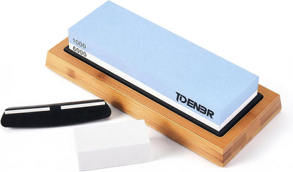 Knife Sharpening Stone Kit 1000/6000 Grit, Dual-Sided Whetstone Knife Sharpener Water Stone with Non-Slip Bamboo Base, Angle Guide & Flattening Stone for Kitchen Chef Pocket Knives