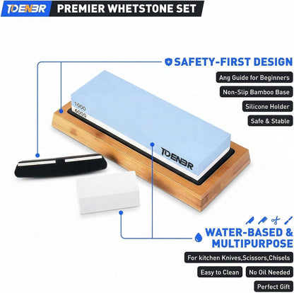 Knife Sharpening Stone Kit 1000/6000 Grit, Dual-Sided Whetstone Knife Sharpener Water Stone with Non-Slip Bamboo Base, Angle Guide & Flattening Stone for Kitchen Chef Pocket Knives
