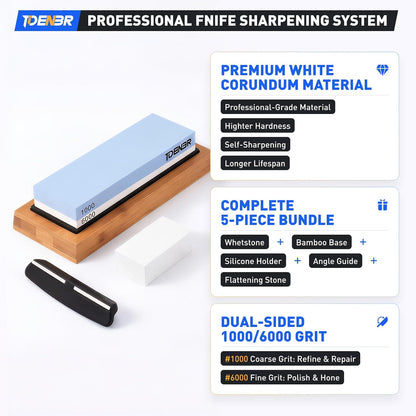 Knife Sharpening Stone Kit 1000/6000 Grit, Dual-Sided Whetstone Knife Sharpener Water Stone with Non-Slip Bamboo Base, Angle Guide & Flattening Stone for Kitchen Chef Pocket Knives