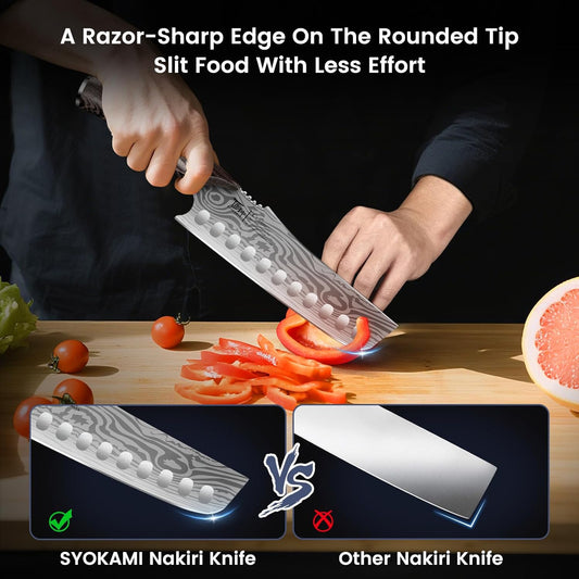 Nakiri Knife, 7.2 Inch Japanese Inspired Vegetable Chef Knife with Straight Edge, Sharpened Rounded Tip, Lightweight Full Tang Kitchen Knife with Ergonomic Wood Handle, Gift for Home Cooks