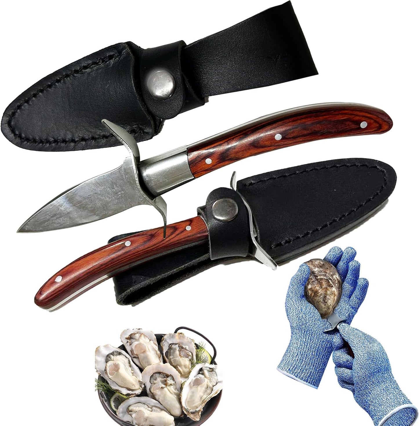 Oyster Shucker, Oyster Shucking Knife for Oyster Clam Pearl Shell Shucking, 2 Set Oyster Shucking Tool Kit, 2 Stainless Steel Oyster Knifes with Wooden Handle 2 Pairs Oyster Shucking Gloves