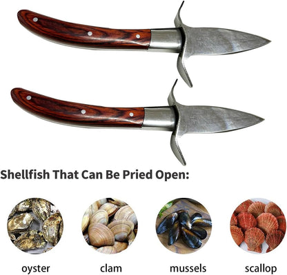 Oyster Shucker, Oyster Shucking Knife for Oyster Clam Pearl Shell Shucking, 2 Set Oyster Shucking Tool Kit, 2 Stainless Steel Oyster Knifes with Wooden Handle 2 Pairs Oyster Shucking Gloves