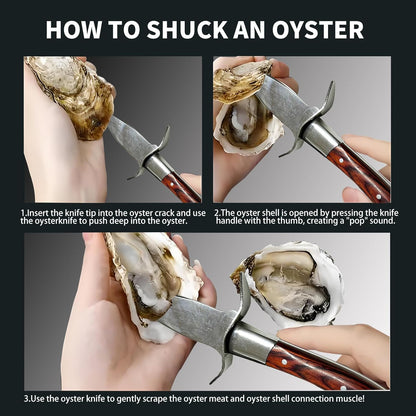 Oyster Shucker, Oyster Shucking Knife for Oyster Clam Pearl Shell Shucking, 2 Set Oyster Shucking Tool Kit, 2 Stainless Steel Oyster Knifes with Wooden Handle 2 Pairs Oyster Shucking Gloves
