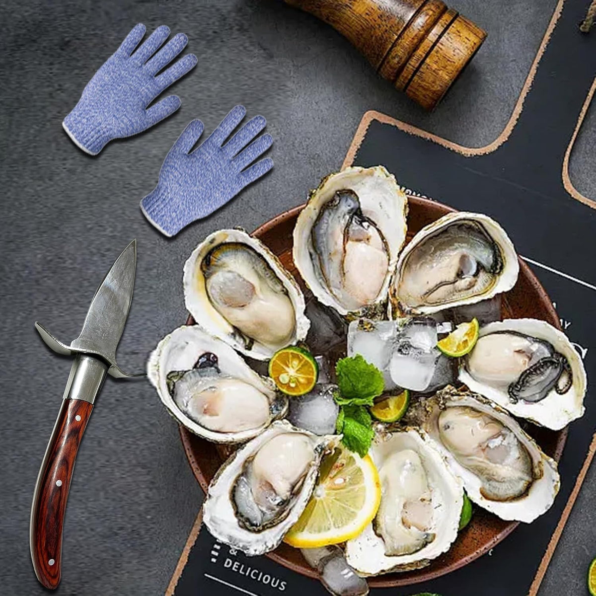 Oyster Shucker, Oyster Shucking Knife for Oyster Clam Pearl Shell Shucking, 2 Set Oyster Shucking Tool Kit, 2 Stainless Steel Oyster Knifes with Wooden Handle 2 Pairs Oyster Shucking Gloves