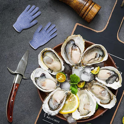 Oyster Shucker, Oyster Shucking Knife for Oyster Clam Pearl Shell Shucking, 2 Set Oyster Shucking Tool Kit, 2 Stainless Steel Oyster Knifes with Wooden Handle 2 Pairs Oyster Shucking Gloves