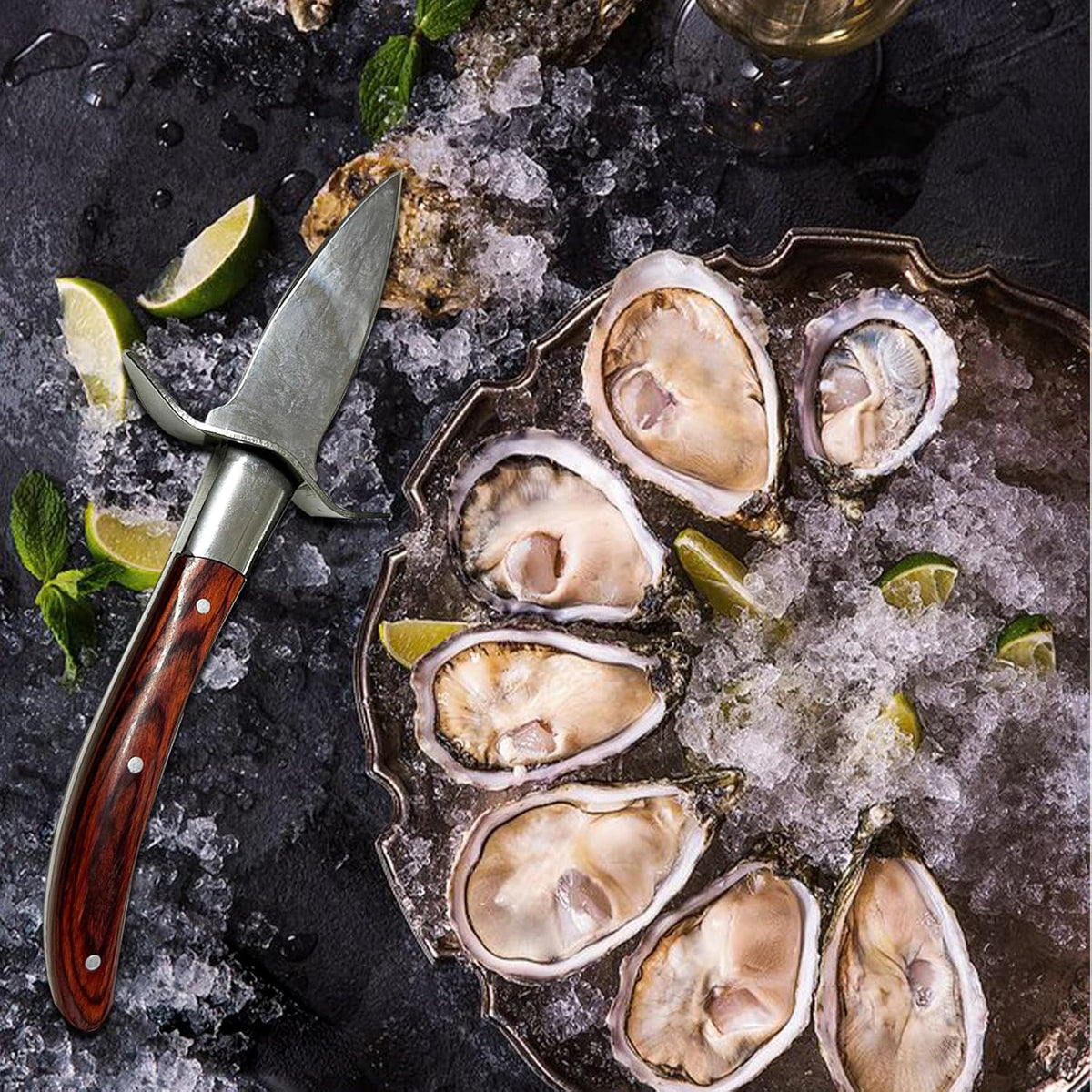 Oyster Shucker, Oyster Shucking Knife for Oyster Clam Pearl Shell Shucking, 2 Set Oyster Shucking Tool Kit, 2 Stainless Steel Oyster Knifes with Wooden Handle 2 Pairs Oyster Shucking Gloves