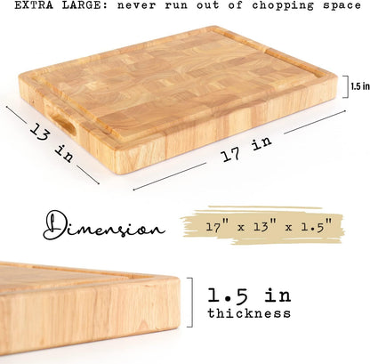 End Grain Cutting Board, Extra Large & Thick, End Grain Built-In Compartment and Juice Canal, Heavy Duty Chopping Board, Thick Carving Board for Bread Fruits Meat (17x13 Inches)