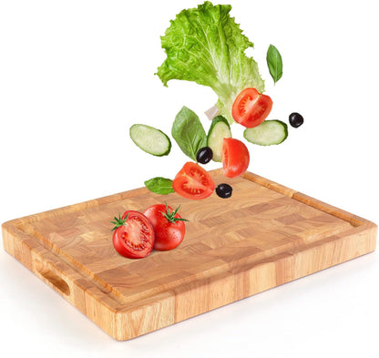 End Grain Cutting Board, Extra Large & Thick, End Grain Built-In Compartment and Juice Canal, Heavy Duty Chopping Board, Thick Carving Board for Bread Fruits Meat (17x13 Inches)